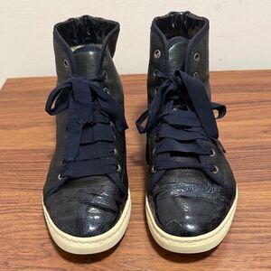 Lanvin High Top Dark Navy Leather Lace up Woman’s Sneaker. Size 8 US.